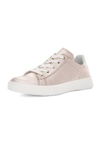 Metallische Roségold-Sneaker mit texturiertem Finish, weißen Schnürsenkeln und kontrastierendem weißen Fersenpatch; Gummisohle für besseren Halt.