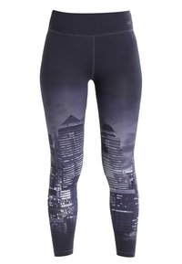 Leggings atletici neri con stampa della skyline di una città in tonalità di grigio e bianco, con un design aderente e tessuto morbido e elastico.