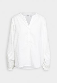 Camicia bianca a maniche lunghe con scollatura tonda, chiusura a bottoni, tessuto testurizzato e dettagli a plissettatura sulle maniche. Vestibilità casual e morbida.