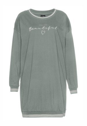 Grünes Sweatshirtkleid mit langen Ärmeln, gerippten Bündchen und rundem Ausschnitt. Mit weißem Text "DU bist schön" und Herzdesign.