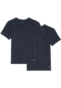 Twee marineblauwe T-shirts van katoen, met een ronde hals en korte mouwen, voorzien van een klein "M OP" logo op de zoom.