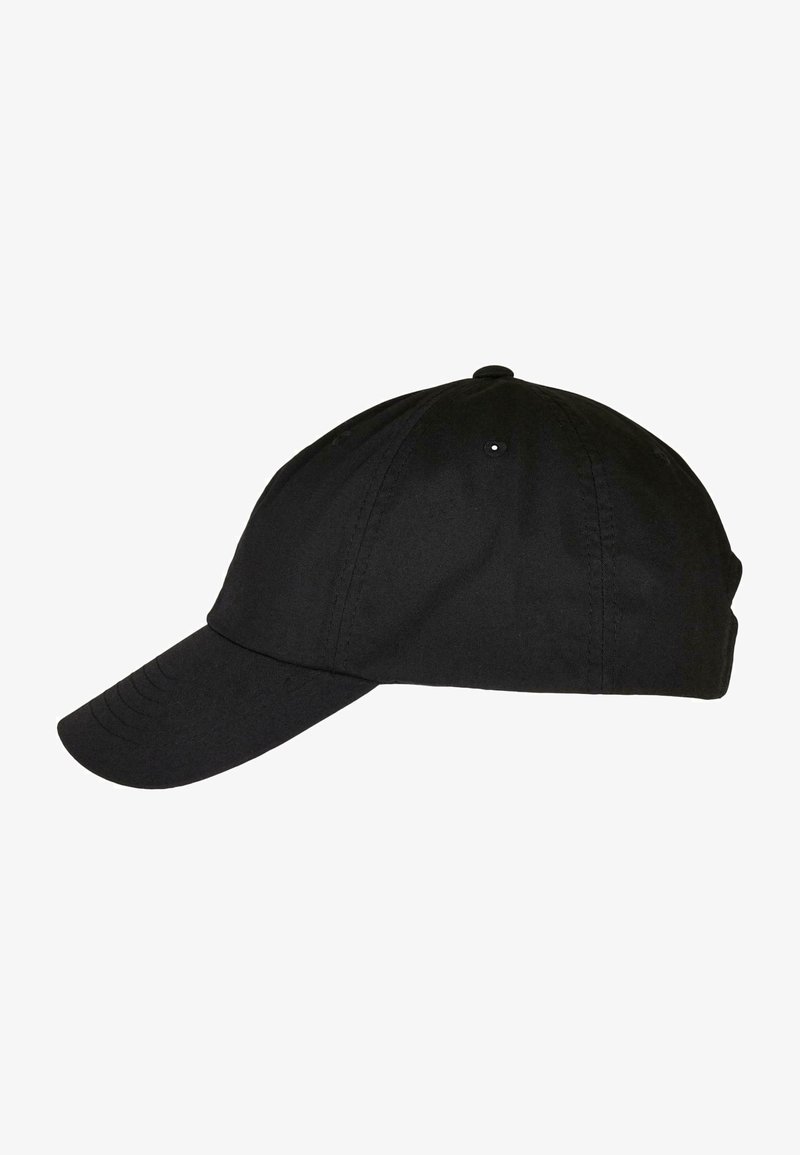 Black baseball cap, made of fabric with a curved peak, featuring stitched detailing and adjustable back strap for fit.