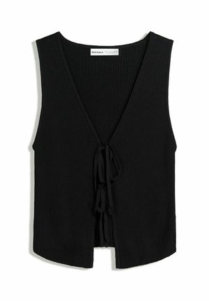 Schwarzes, geripptes, ärmelloses Top mit V-Ausschnitt und zwei vorderen Bändern, etikettiert von Bershka, flach auf weißem Hintergrund präsentiert.