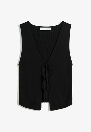 Schwarzes, geripptes, ärmelloses Top mit V-Ausschnitt und zwei vorderen Bändern, etikettiert von Bershka, flach auf weißem Hintergrund präsentiert.