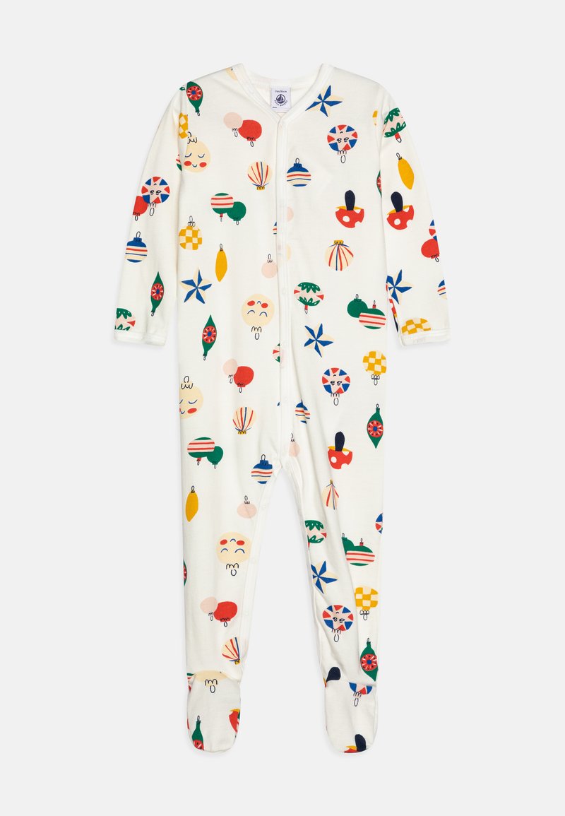 Body a maniche lunghe in tessuto bianco con motivi colorati e giocosi di palloncini, frutta e forme; chiusura con zip; design con piedi.