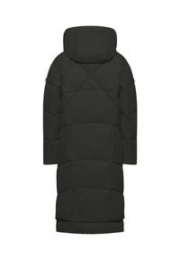 Lang zwarte pufferjas met een capuchon, met een gewatteerd ontwerp, opvallende stiksels en een rechte zoom. Geen zichtbare hardware of accenten.