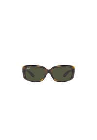 Occhiali da sole tartaruga marrone con lenti rettangolari verde scuro e montatura spessa. Design minimalista senza accenti di hardware visibili.