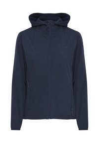 Felpa leggera blu navy con zip frontale, due tasche laterali con zip e polsini elastici sulle maniche lunghe.