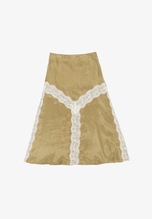 Długa, khaki spódnica z miękkiego materiału, z białą koronką w dekoracyjnym wzorze biegnącą pionowo wzdłuż szwów.