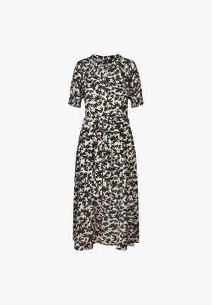 Šaty s květinovým vzorem v krémové a černé barvě. Krátké nafouklé rukávy, přiléhavý pas s páskem na zavazování a splývavá sukně sahající do poloviny lýtek.