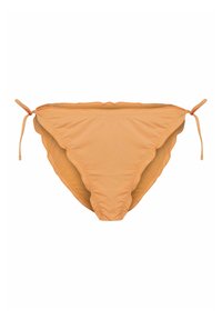 Pomarańczowy dół bikini z regulowanymi sznurkami po bokach, charakteryzujący się gładką fakturą i falbankowymi brzegami, zapewniającymi dopasowaną sylwetkę.