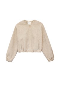 Beige cropped sweatshirt med lange, puffede ærmer, lynlås foran og sidelommer. Fremstillet af blødt, tekstureret stof med en afslappet pasform.