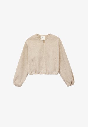 Beige cropped sweatshirt med lange, puffede ærmer, lynlås foran og sidelommer. Fremstillet af blødt, tekstureret stof med en afslappet pasform.