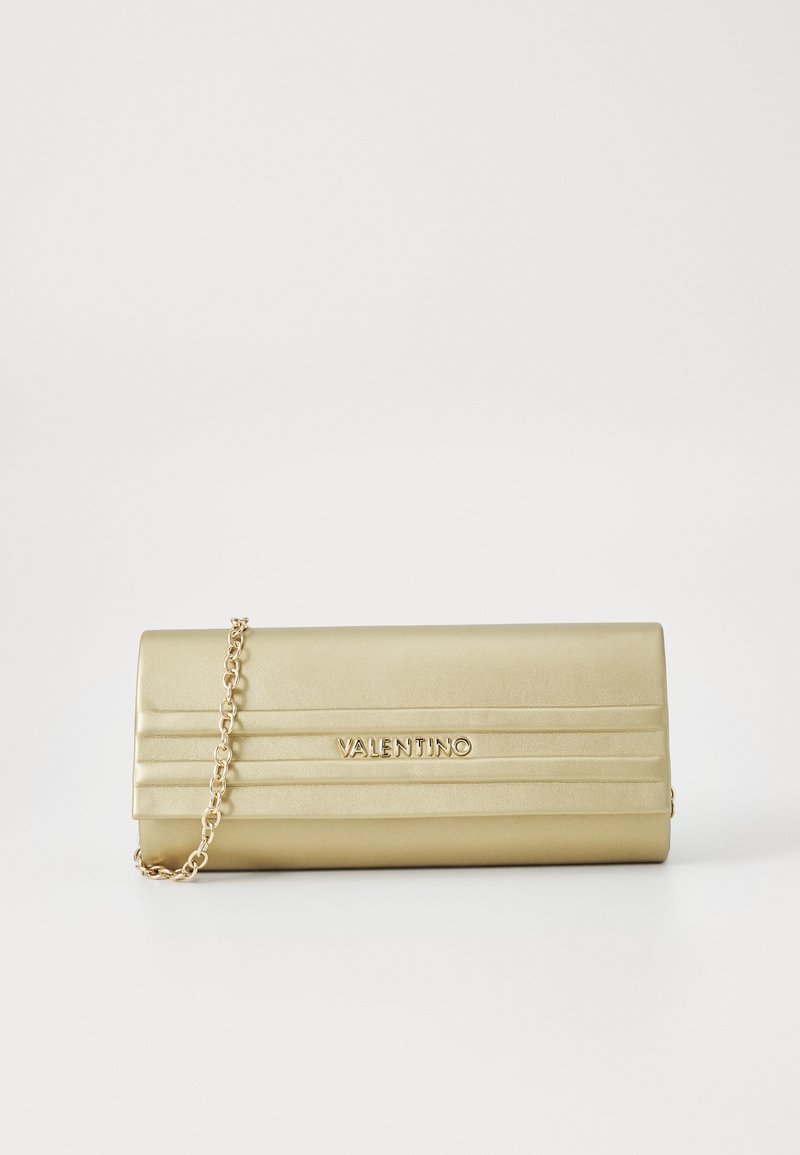 Gold metallic clutch with a chain strap, featuring a sleek rectangular shape, textured horizontal lines, and a logo detail on the front.