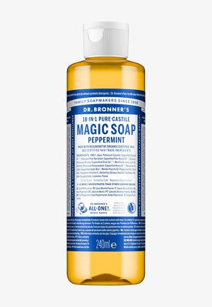 Flasche Dr. Bronner's 18-in-1 Pure-Castile Pfefferminz Magic Soap, 240 ml, mit weißem Klappverschluss und blauem Etikett mit Produktdetails.