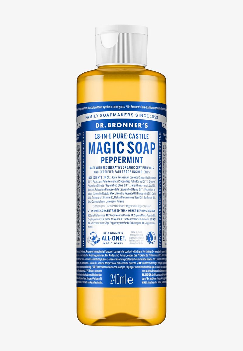 Bouteille de savon magique Dr. Bronner's 18 en 1 Pure-Castile à la menthe poivrée, 240 ml, avec bouchon à clapet blanc et étiquette bleue avec détails du produit.