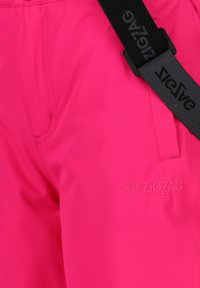 Helderroze broek gemaakt van glad materiaal met een soepele textuur, voorzien van een zijvak en een geperst "ZIGZAG"-logo. Inclusief zwarte verstelbare band.