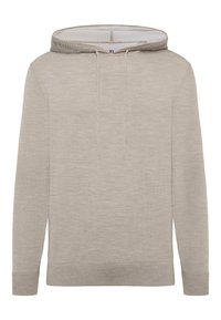 Beige huvtröja med långa ärmar, tillverkad av mjukt material. Har dragsko vid halsen och ribbade muddar och fåll.