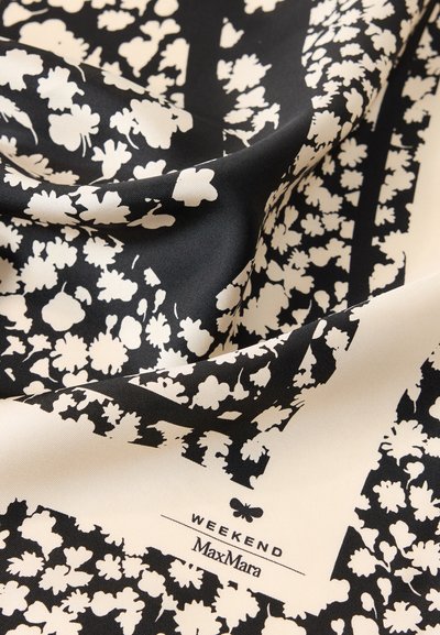 Ύφασμα με ασπρόμαυρο φλοράλ μοτίβο, με το κείμενο "WEEKEND MaxMara" και ένα μικρό εικονίδιο πεταλούδας σε μια λείου, διπλωμένη επιφάνεια.