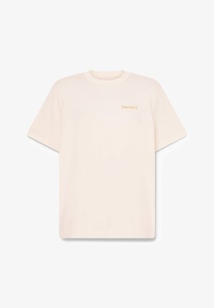 Effen lichtbeige T-shirt met korte mouwen en een klein Timberland-logo in het geel gedrukt op de linkerborst.