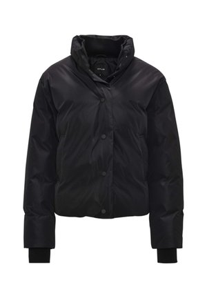 Schwarze Daunenjacke mit Stehkragen, Knopfverschluss, gerippten Bündchen und kurzem Schnitt. Glattes, glänzendes Außenmaterial.