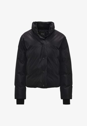 Doudoune noire avec col montant, fermeture à boutons, poignets côtelés et coupe courte. Tissu extérieur lisse et brillant.