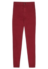 Pantalones slim-fit burdeos con cierre de botón y cremallera, sin bolsillos visibles, diseñados para un ajuste ceñido.