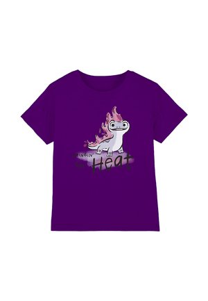 Purple cotton t-shirt featuring a cartoon lizard with flame details and the text "Bringing the Heat" in bold black and gray font.