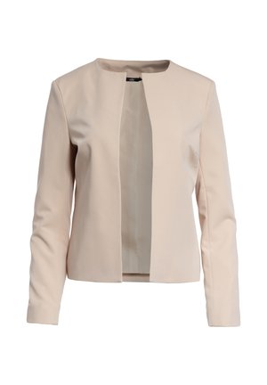 Beżowa marynarka z długim rękawem, otwarta z przodu, z okrągłym dekoltem, gładkiego materiału, bez widocznych guzików ani zapięć.