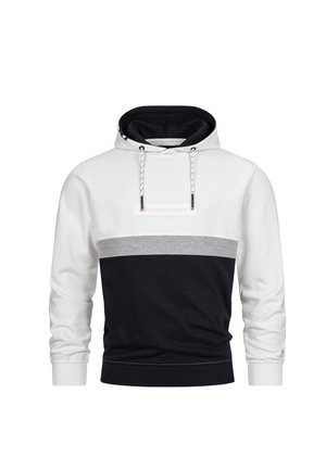 Hætte sweatshirt med farveblokeringsdesign: hvid øverste del, grå midtersektion og marineblå nederste del. Har snoretræk og ribbede manchetter.