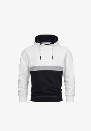 Hætte sweatshirt med farveblokeringsdesign: hvid øverste del, grå midtersektion og marineblå nederste del. Har snoretræk og ribbede manchetter.