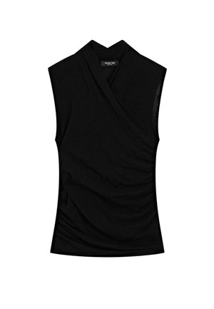Top senza maniche nero con design avvolgente, caratterizzato da dettagli arricciati sui lati e una texture liscia. Realizzato in tessuto leggero.