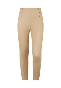 Pantaloni beige a vita alta con decorazioni in bottone, vestibilità slim, texture liscia e dettagli cuciti lungo i lati.