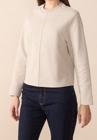 Sweat-shirt gris clair avec col rond, manches longues et coupe droite. Présente une couture centrale comme détail de design. Porté avec un jean foncé.
