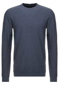 Herrarnas långärmade tröja med rund hals i mörkblått stickat tyg, figurnära design med ribbade ärmslut och nederkant.