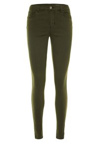 Jeans skinny verde oliva realizzati in cotone elasticizzato. Presentano un classico design a cinque tasche, una chiusura frontale con bottone e una texture liscia.