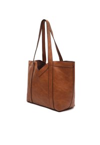 Brun läder tote-väska med en slät yta, rektangulär form, långa handtag och kontrasterande sömmar längs kanterna.