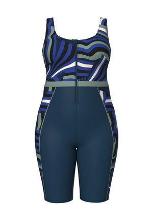 Costume intero senza maniche con cerniera frontale, parte superiore con motivo astratto blu, nero e grigio, pantaloncini blu navy a tinta unita che arrivano a metà coscia.