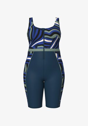 Ärmelloser Einteiler mit Frontreißverschluss, abstrakt gemustertes Oberteil in Blau, Schwarz und Grau, einfarbige marineblaue Shorts, die bis zur Mitte des Oberschenkels reichen.