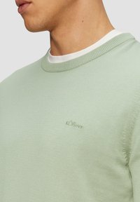Pull en maille vert clair avec un col rond et des bords ribblés. Présente un petit logo s.Oliver brodé sur la poitrine.