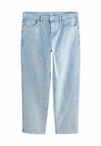 Lichtblauwe denim jeans met een rechte pijp, vijf zakken, riemlussen en een knoopsluiting in de taille, voorzien van een vervaagde textuur.