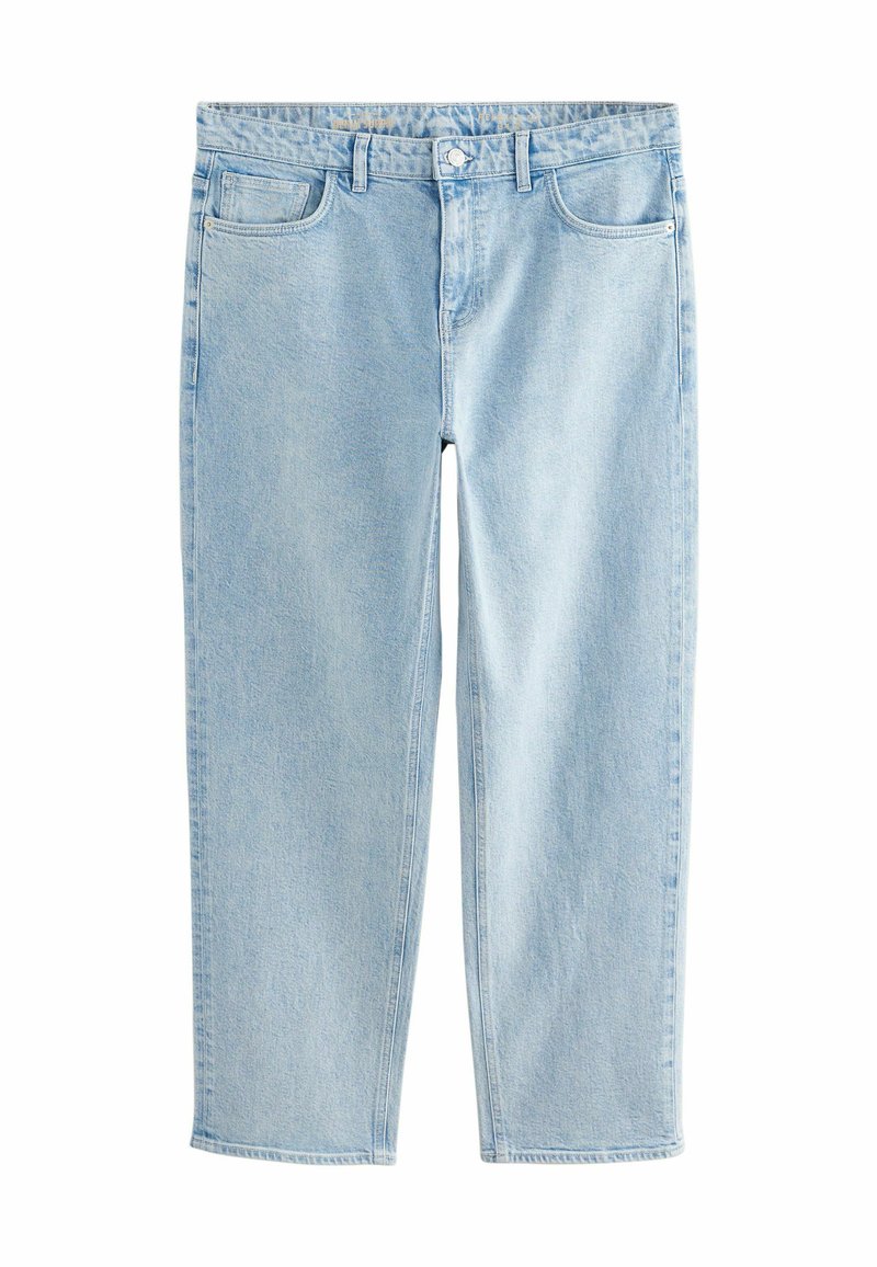 Lichtblauwe denim jeans met een rechte pijp, vijf zakken, riemlussen en een knoopsluiting in de taille, voorzien van een vervaagde textuur.