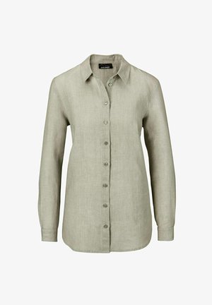 Langarm overhemd met knopen in lichtgroene linnen, met een klassieke kraag en zes bijpassende knopen aan de voorkant. Gladde textuur.