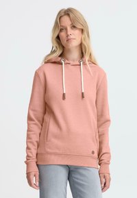 Sweat-shirt rose avec capuche à cordon, poignets et ourlet côtelés, dotée d'une poche kangourou et d'un petit patch logo en bas.