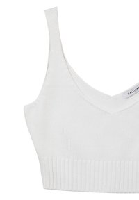 Bralette bianco a maglia con spalline sottili, caratterizzato da un scollo a V e una fascia a coste nella parte inferiore. Texture liscia in tutto.
