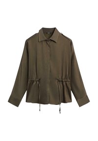 Olive green, long-sleeve button-up shirt with a cinched waist, featuring drawstrings and shoulder accents. Smooth fabric, collared design.