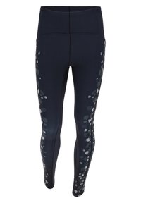 Leggings sportivi di colore navy con vita alta, caratterizzati da una stampa testurizzata di macchie di diverse dimensioni, chiare e scure, lungo i lati.