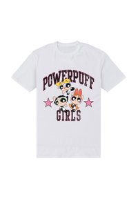 Bílý bavlněný tričko s motivem tří kreslených dívek s velkýma očima, textem "POWERPUFF GIRLS" a růžovými hvězdnými akcenty.