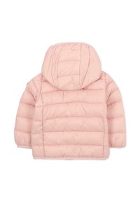 Doudoune légère rose pâle, dotée d'une capuche, d'un motif matelassé et de poignets élastiques. Texture lisse sans matériel ou accents visibles.