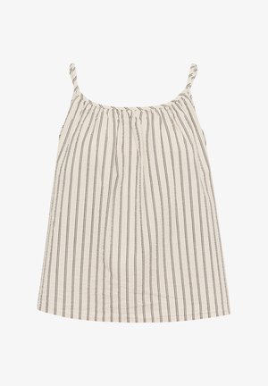 Lightweight, sleeveless top in cream with dark vertical stripes. Features gathered neckline and adjustable straps. Soft texture.